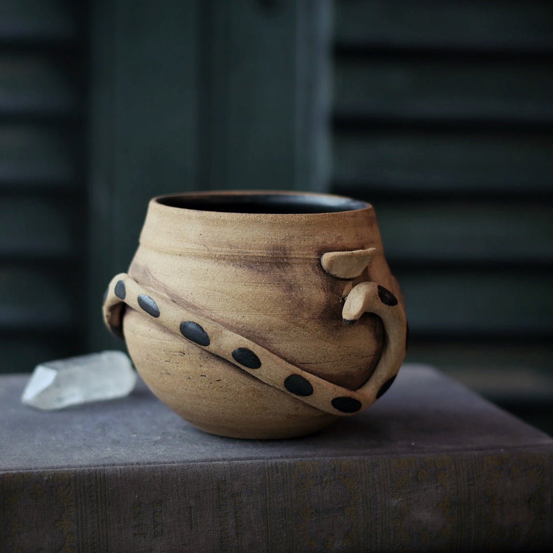 Ceramic pot with decorative snake elements on a dark surface