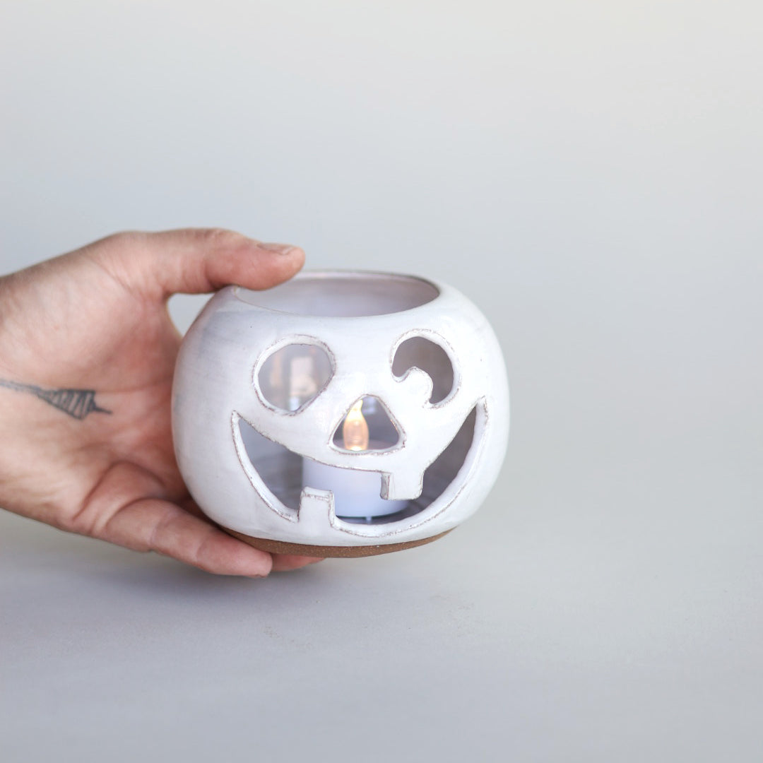 White Jack-O-Lantern Pumpkin Luminary with Tea Light