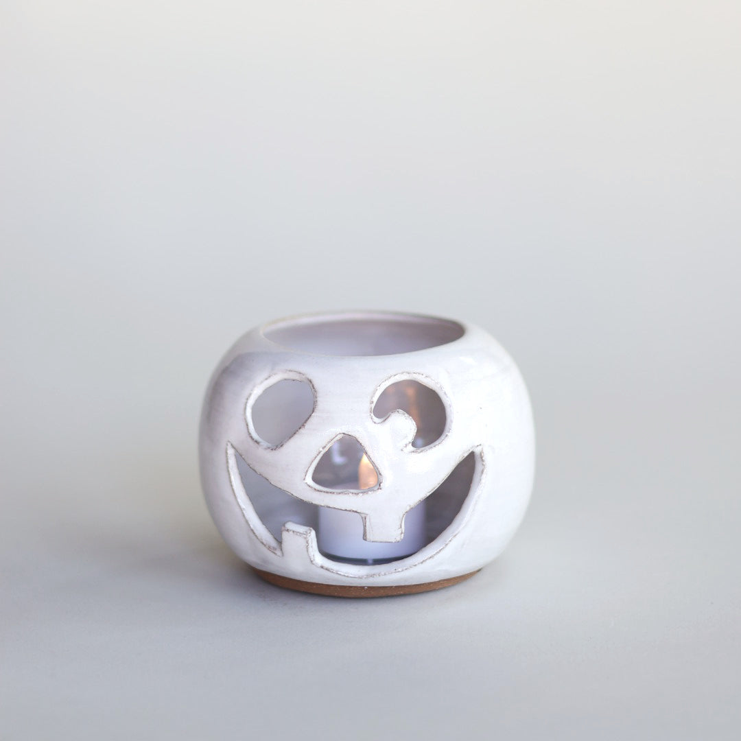 White Jack-O-Lantern Pumpkin Luminary with Tea Light