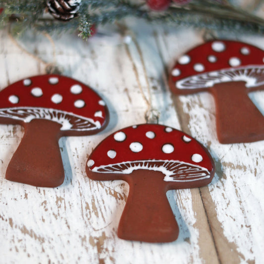 Handmade Ceramic Red Mushroom Ornament | Woodland Holiday Decor