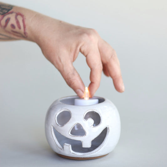 White Jack-O-Lantern Pumpkin Luminary with Tea Light