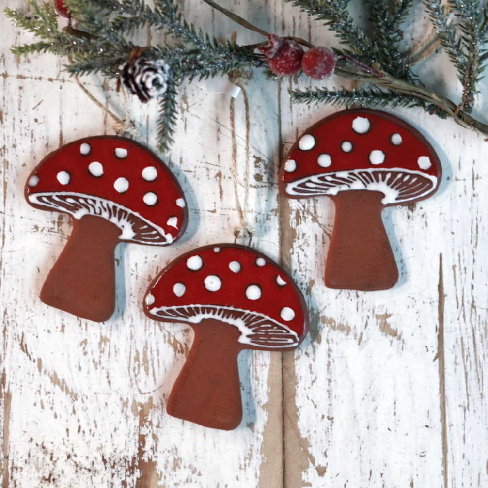 Handmade Ceramic Red Mushroom Ornament | Woodland Holiday Decor