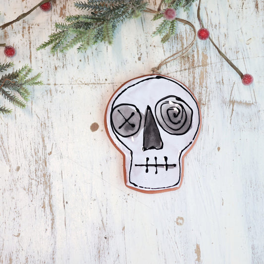 Handpainted Majolica Sozzled Skull Ornament