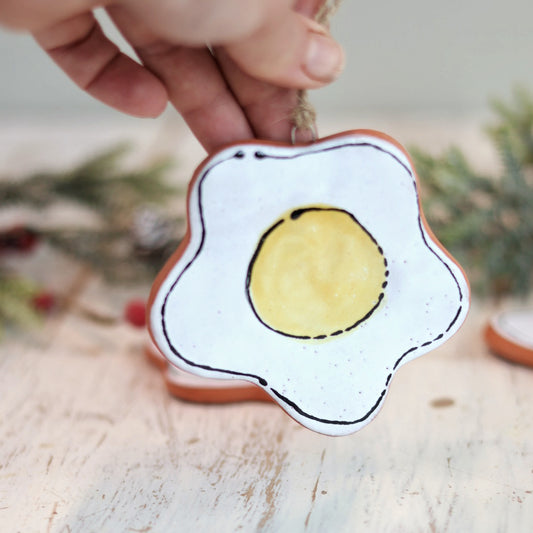 Handpainted Majolica Fried Egg Ornament