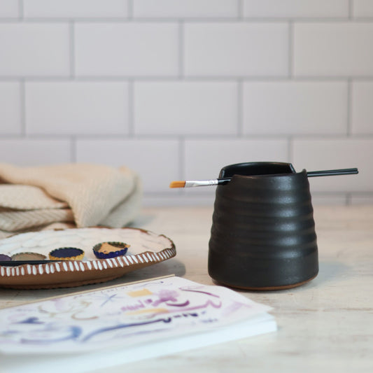 Handmade Ceramic Brush Rest & Water Cup for Artists in Black