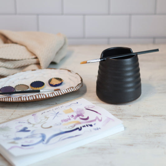 Handmade Ceramic Brush Rest & Water Cup for Artists in Black