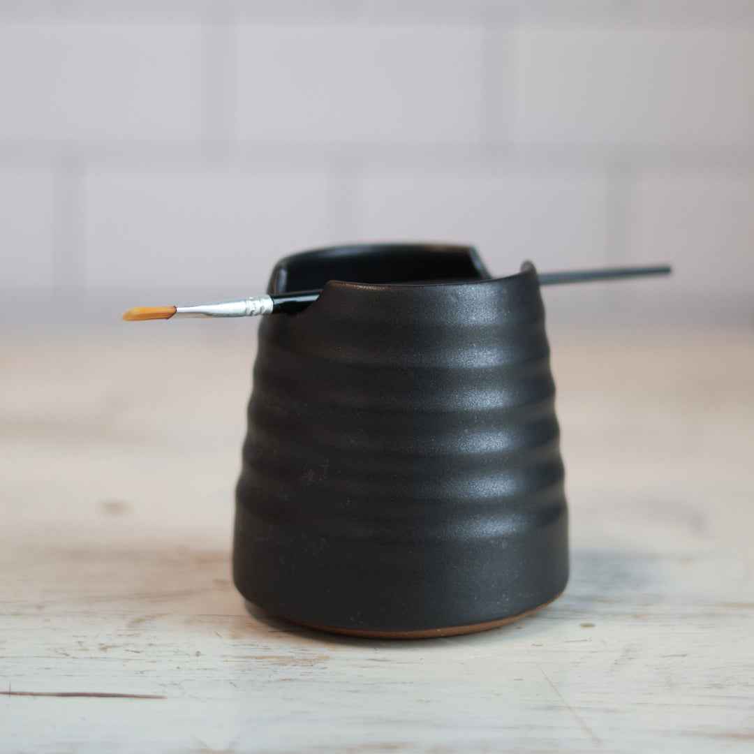 Handmade Ceramic Brush Rest & Water Cup for Artists in Black