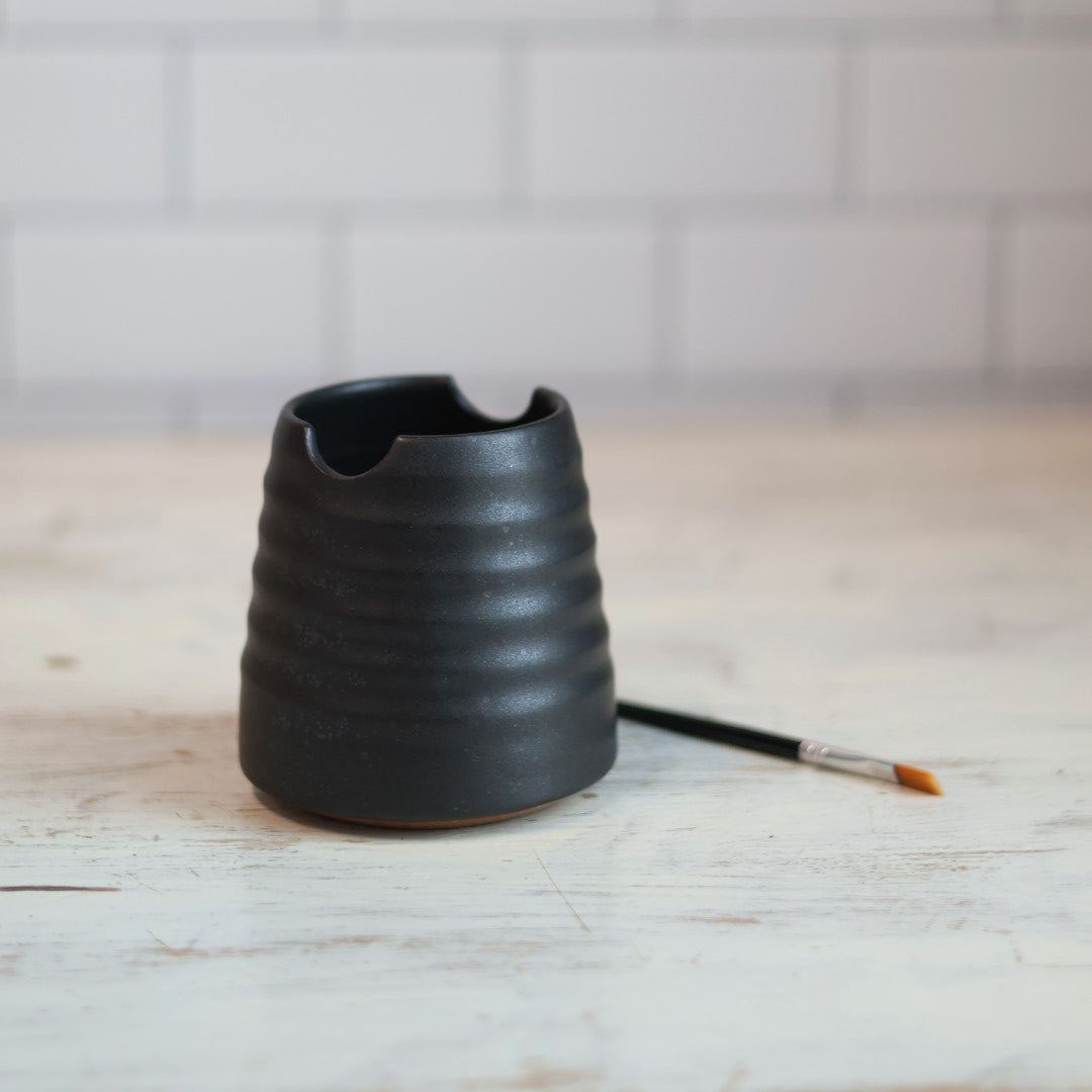 Handmade Ceramic Brush Rest & Water Cup for Artists in Black