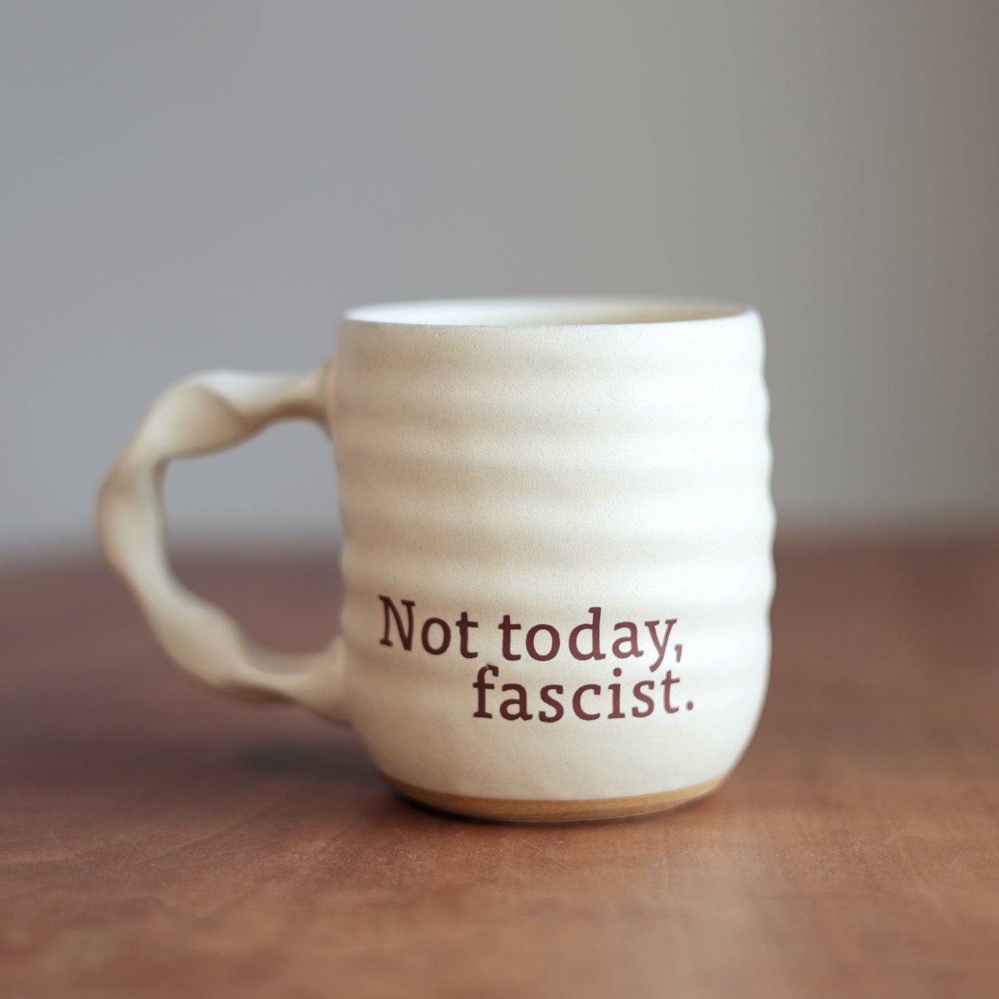 Cream ceramic companion mug with 'Not today fascist' text on a wooden surface.