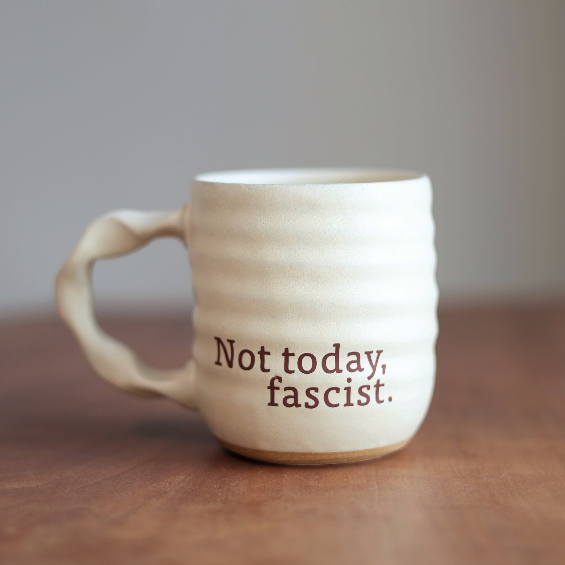 Cream ceramic companion mug with 'Not today fascist' text on a wooden surface.