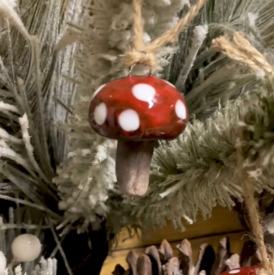 
                  
                    Red Mushroom Ornament Rebecca Graves Pottery Button 
                  
                