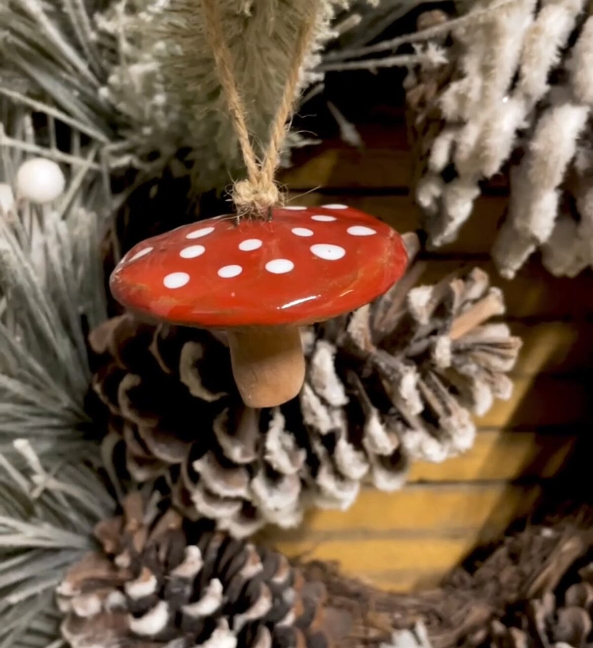 
                  
                    Red Mushroom Ornament Rebecca Graves Pottery Cap 
                  
                